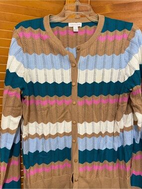 Charter Club Teal, Tan, White & Pink Striped Button Cardigan
